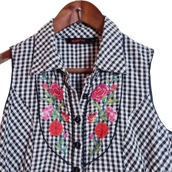 109°F Womens Top Large Black Plaid Gingham Embroidered Floral Cottagecore - Picture 4 of 16